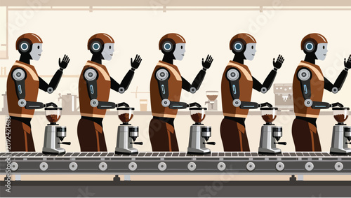 Brown robots assembling coffee makers on a factory conveyor belt.
