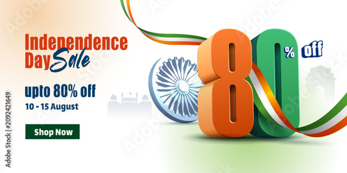 80th independence day of india special sale banner with 3d number and tricolor ribbon