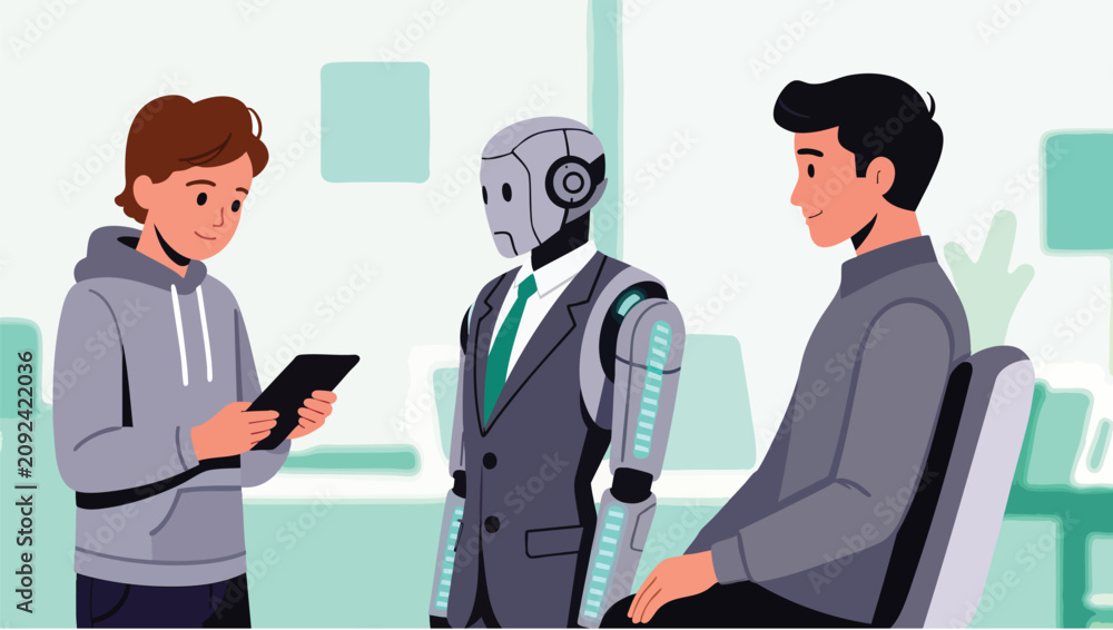 Fototapeta premium Young man showing a tablet to a robot and another person in a light green office environment.