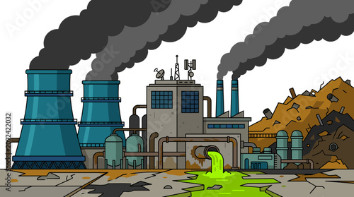 Polluted factory emits smoke and toxic waste