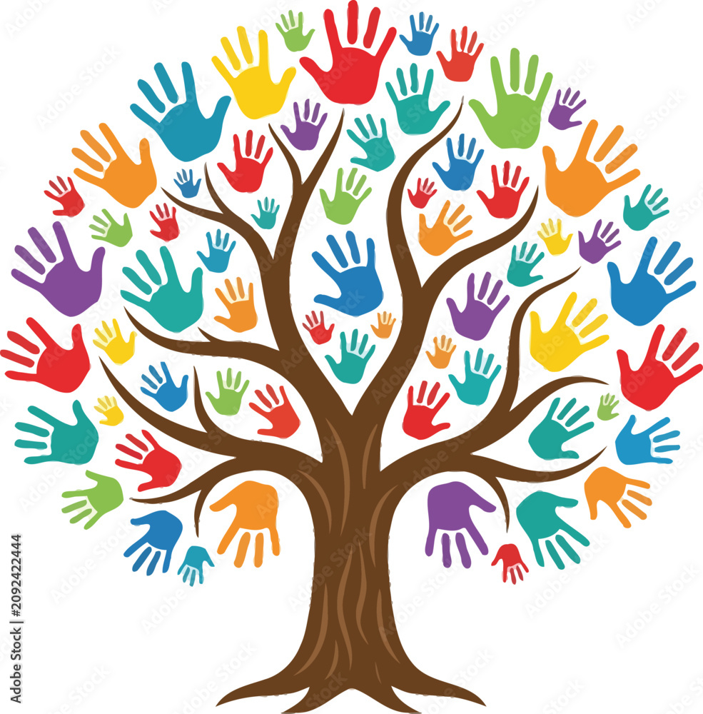 Naklejka premium Colorful Handprint Tree Illustration Representing Community Diversity Education and Teamwork Isolated on White Background