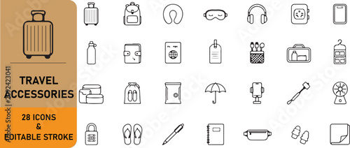 Foto A set of 28 travel accessories outline icons