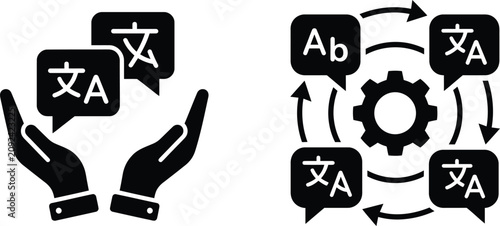 Obraz na plátne Language translation icons with multilingual communication, localization workflo