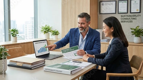 A business consultant meets with a client in a modern office, professional advice, strategic planning, corporate partnership, workplace communication, business growth.
