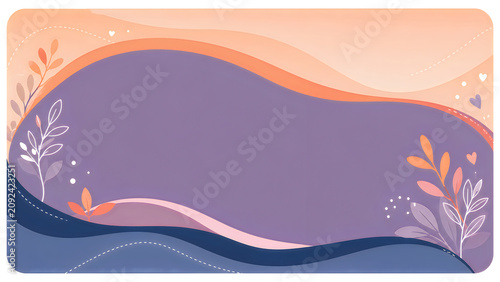 Vibrant abstract floral background with wavy lines and leaves in purple, orange, and blue hues for design and decoration purposes