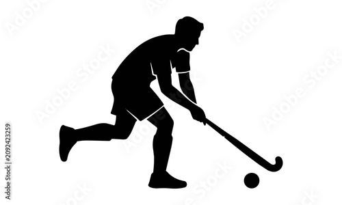 Black silhouette of an athletic field hockey player in a running pose holding a hockey stick isolated on a white background, sports competition concept