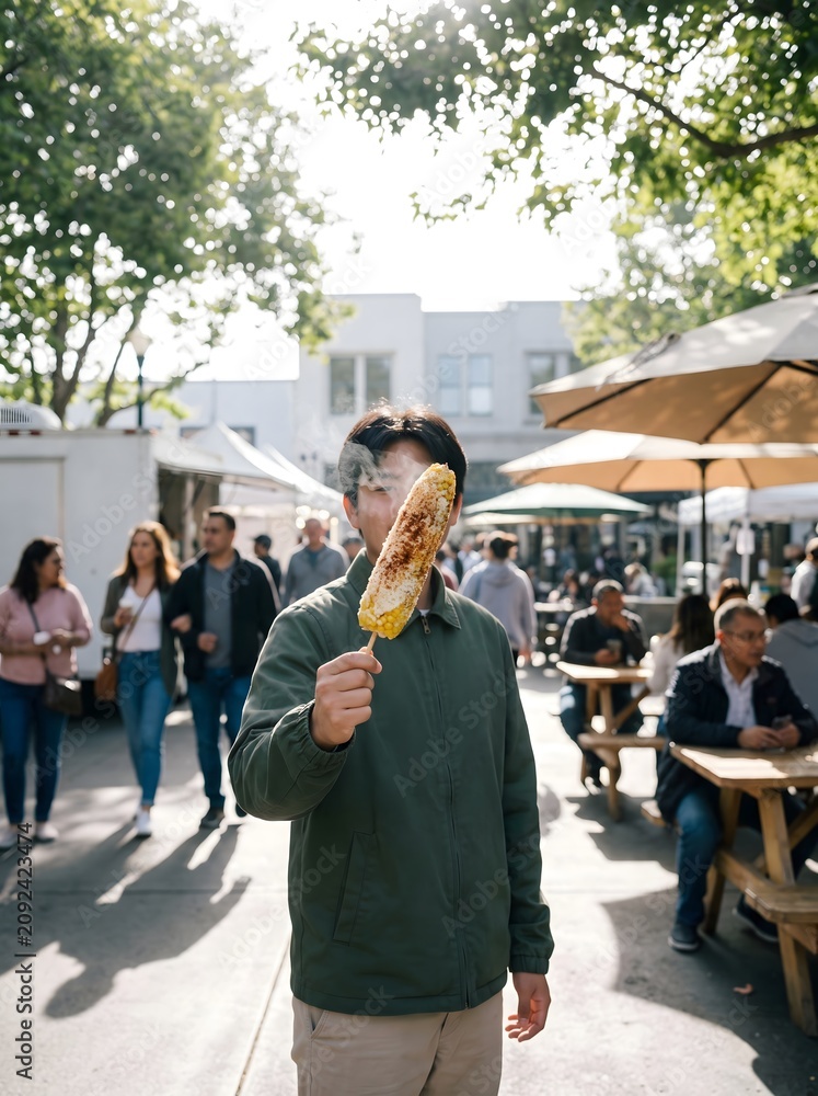 Fototapeta premium Person holding roasted street corn at a sunny outdoor market