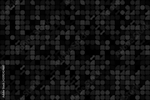 A highly textured abstract composition featuring irregular geometric shapes in varying shades of black and gray.