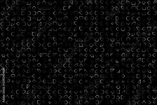 A seamless, repeating pattern featuring various interconnected geometric shapes like diamonds, squares, triangles, and arcs against a solid black background. 