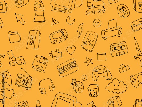 A fun, hand-drawn doodle pattern featuring various technology items like game controllers, cassette players, monitors, and mice. Perfect for themes related to education, childhood