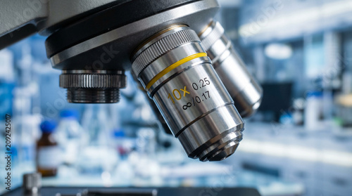 Close up of professional laboratory microscope lenses.