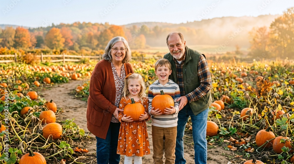 Obraz premium Happy multi generation family portrait in morning pumpkin patch
