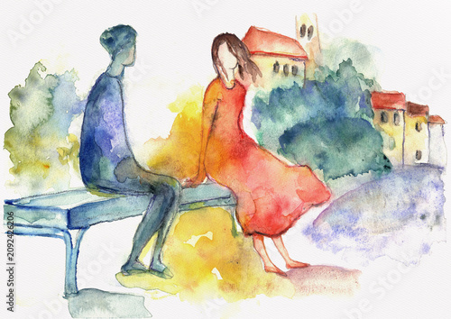 Two figures sharing a quiet moment on a bench near a hillside village, hand-painted watercolor