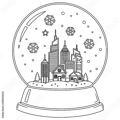 Snow Globe with Snowy City Skyline and Winter Village, Christmas Holiday Line Art Illustration with Snowflakes