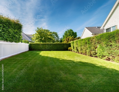 a nice green backyard with lawn white fence and green hedge on a sunny day