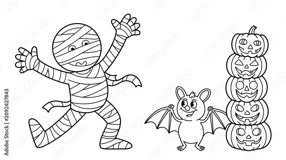 Fototapeta premium Cute mummy bat and stack of carved pumpkins for halloween coloring page