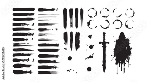 Dark Fantasy Black Ink Brush Strokes, Sword, and Dripping Hooded Figure Silhouettes