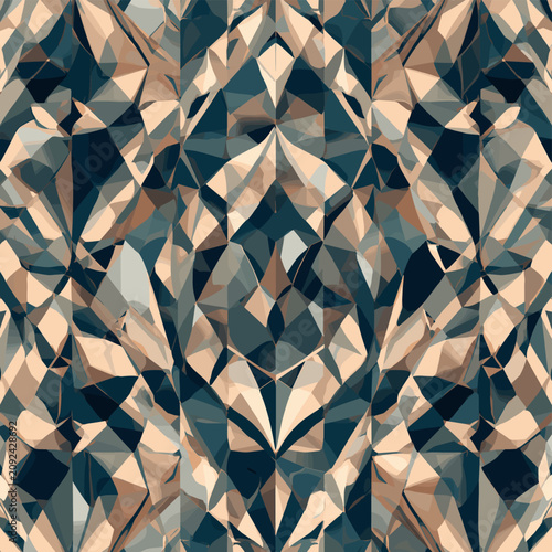 Konstfotografi Abstract geometric pattern resembling a faceted gemstone with a symmetrical, kaleidoscopic design in shades of blue, beige, and grey