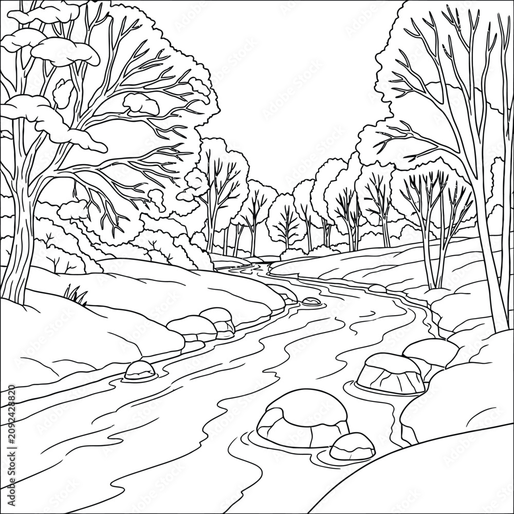 Obraz premium Peaceful Winter River Landscape Coloring Page with Snow Covered Trees, Flowing Stream and Rocks, Black and White Printable Nature Outline Illustration for Kids and Adults