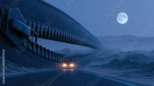 Colossal Zipper Bisecting a Moonlit Desert Highway with Full Moon Overhead
