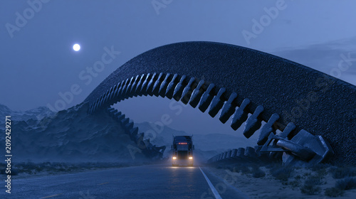 Surreal Massive Zipper Curving Along a Misty Desert Road at Blue Dusk Night