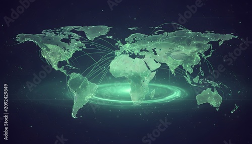 Global connections and world map with neon green lines.