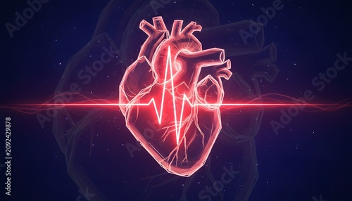 Glowing red heart with ECG line.