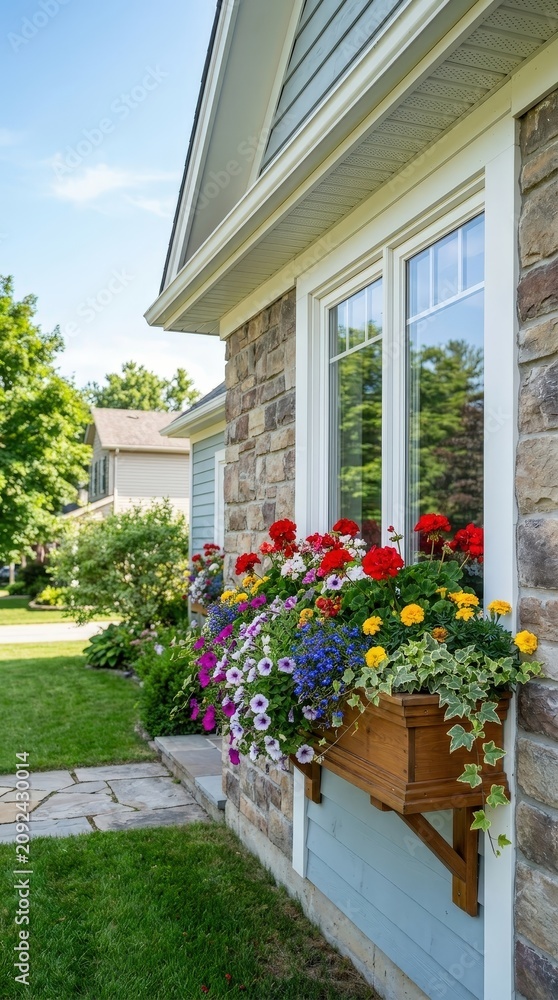 Fototapeta premium Colorful flower window box blooming beneath a sunny home window. Charming curb appeal, home gardening, seasonal beauty, outdoor decor, spring inspiration.