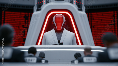 Crimson AI Judge Towers Over Silhouetted Crowd in a Dystopian Courtroom