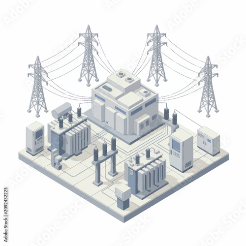Isometric view of a modern electrical substation with transformers and power lines.