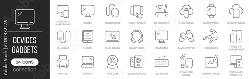 Photos Devices and gadgets linear icons covering consumer electronics, computing and digital communication concepts