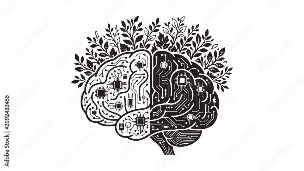 Fototapeta premium Artificial Intelligence Brain with Circuitry and Growing Leaves, Blending Technology and Nature Concept