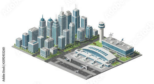 Isometric cityscape with modern skyscrapers and airport terminal.