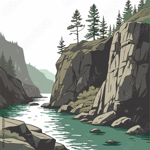 Scenic of a river winding through a deep rocky canyon with tall pine trees perched on the edges and mountains in the background