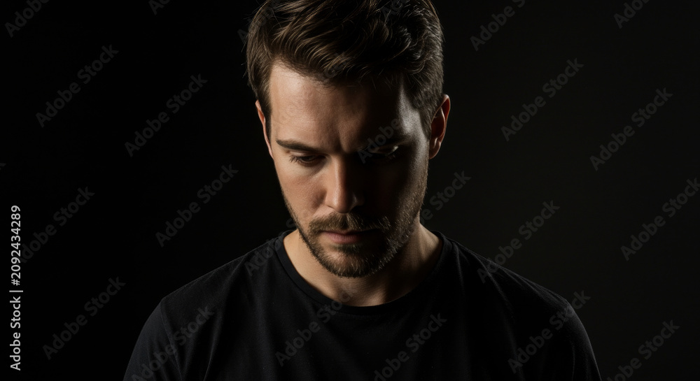 Naklejka premium Man looking down with a serious expression against a black background. Portrait of a guy showing deep contemplation and moodiness. Low key lighting style for emotional storytelling.