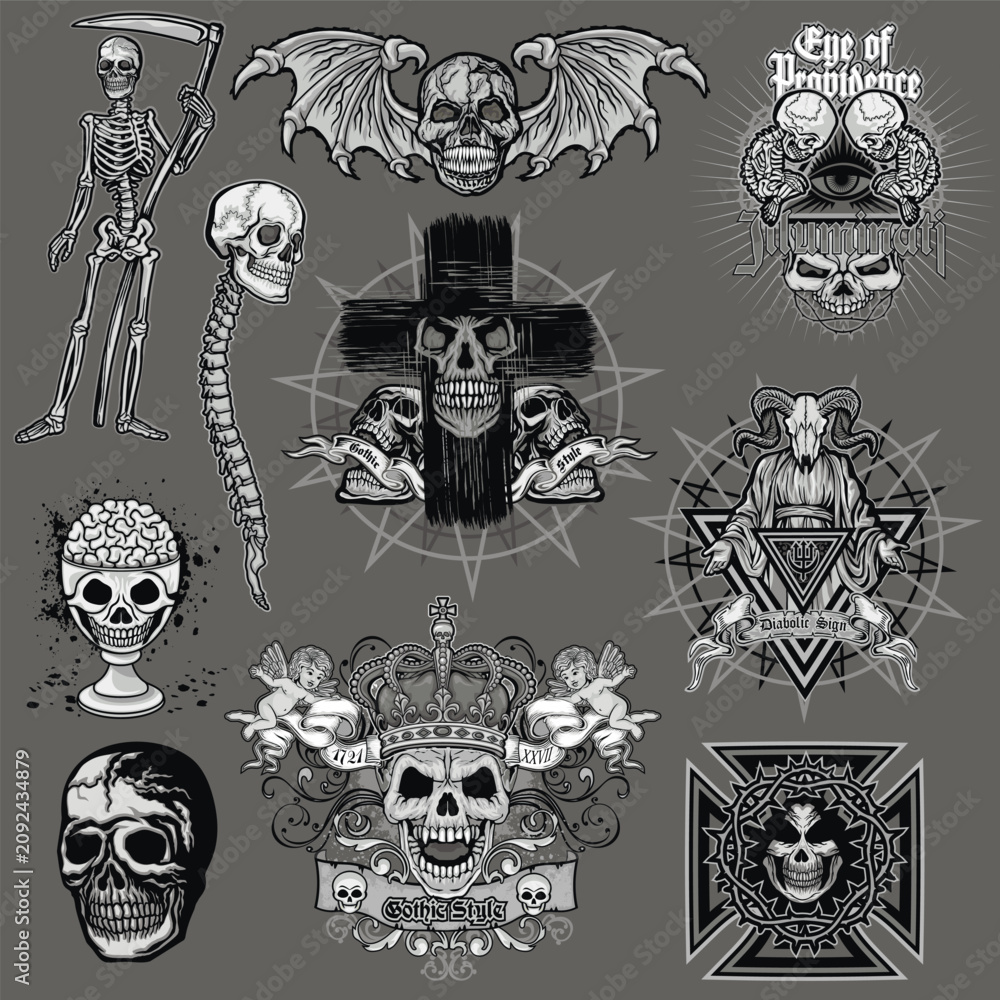 Fototapeta premium set, gothic sign with skull, grunge vintage design t shirts 