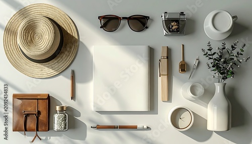 A stylish arrangement of everyday items on a white surface