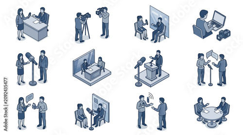 Bild auf Leinwand Modern Isometric Illustrations of Professional Media Interviews and Presentation