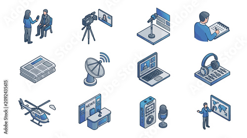 Konstfotografi Sleek Isometric Illustrations of Modern Media and Journalism Tools and Scenes in