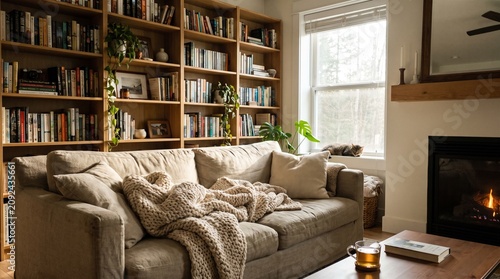 Cozy beige sofa with knitted blanket and sleeping cat inside a bright rustic wooden library room