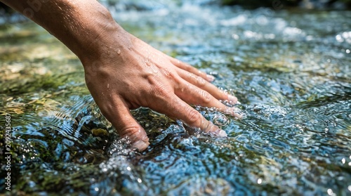 Human hand reaches into clear flowing mountain stream water under bright natural sunlight during summer day