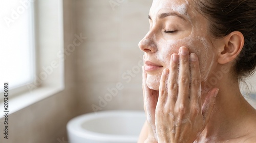 Young woman washing her face with gentle white cleansing foam in a bright modern bathroom
