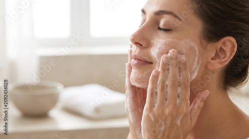 Young woman washing her face with gentle white foam for a clear and healthy complexion