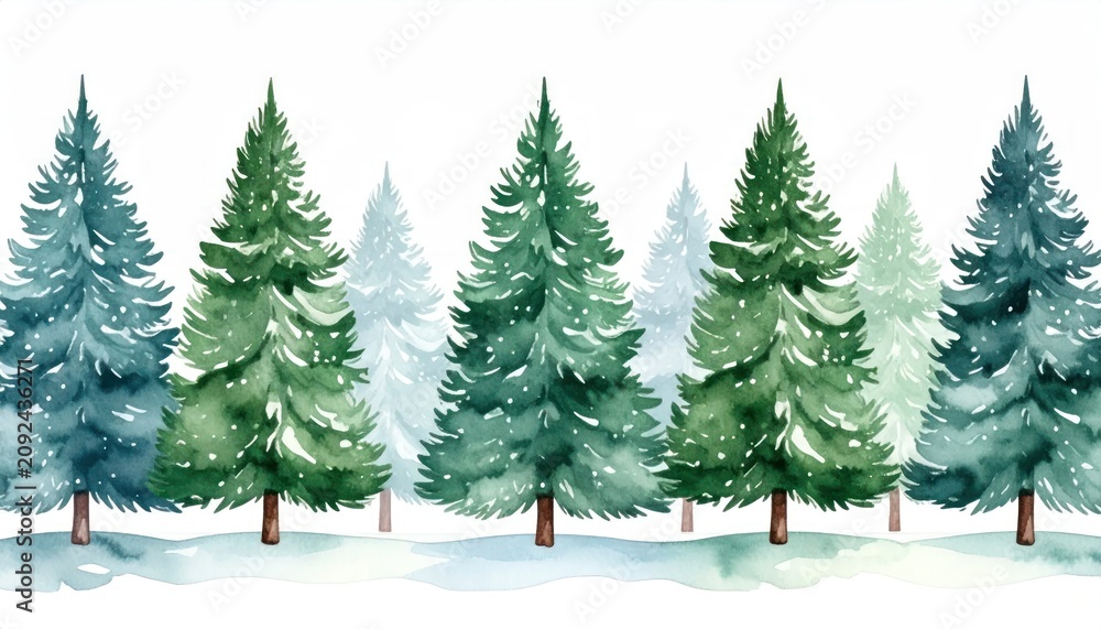 Obraz premium Watercolor Painting of a Snowy Forest with Evergreen Trees.