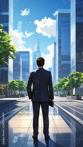 A suited man walks away down a city street lined with trees