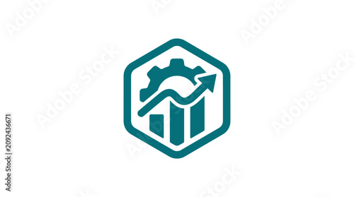 Business growth concept symbol with a gear and an upward arrow over a bar graph icon logo.