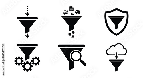 Fotografie Filtering Funnel Icons Black Vector Illustrations On White Background