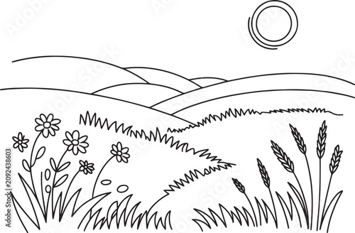 Line art illustration of a meadow landscape