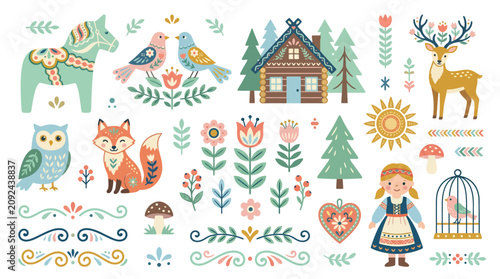 Scandinavian Folk Art Collection Featuring Animals Flowers and Traditional Elements.