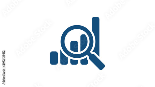 Blue bar chart icon with magnifying glass representing data analysis and business research.